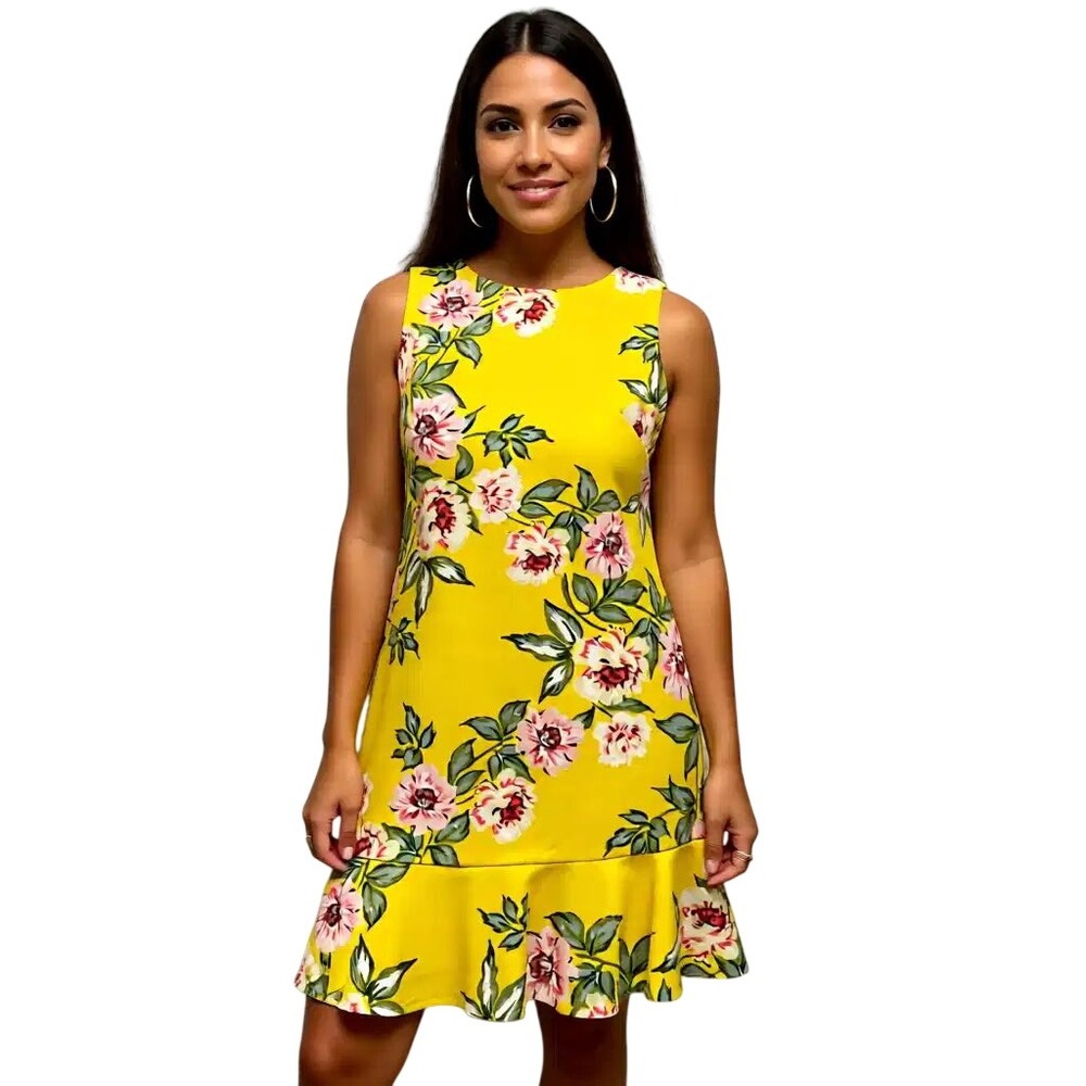 Jessica Howard‎ Yellow Floral Sleeveless Ruffle Hem Shift Dress Size 8